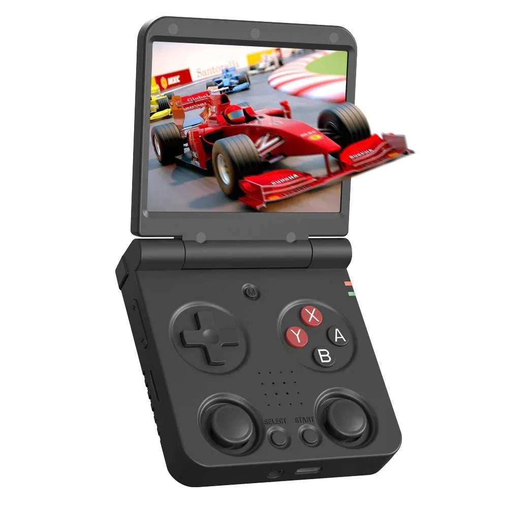 Retroid Pocket Flip 2 vs Miyoo Flip V2 (2026 Comparison) 2 Miyoo Flip V2 clamshell retro handheld with 3.5 inch IPS screen open, front view
